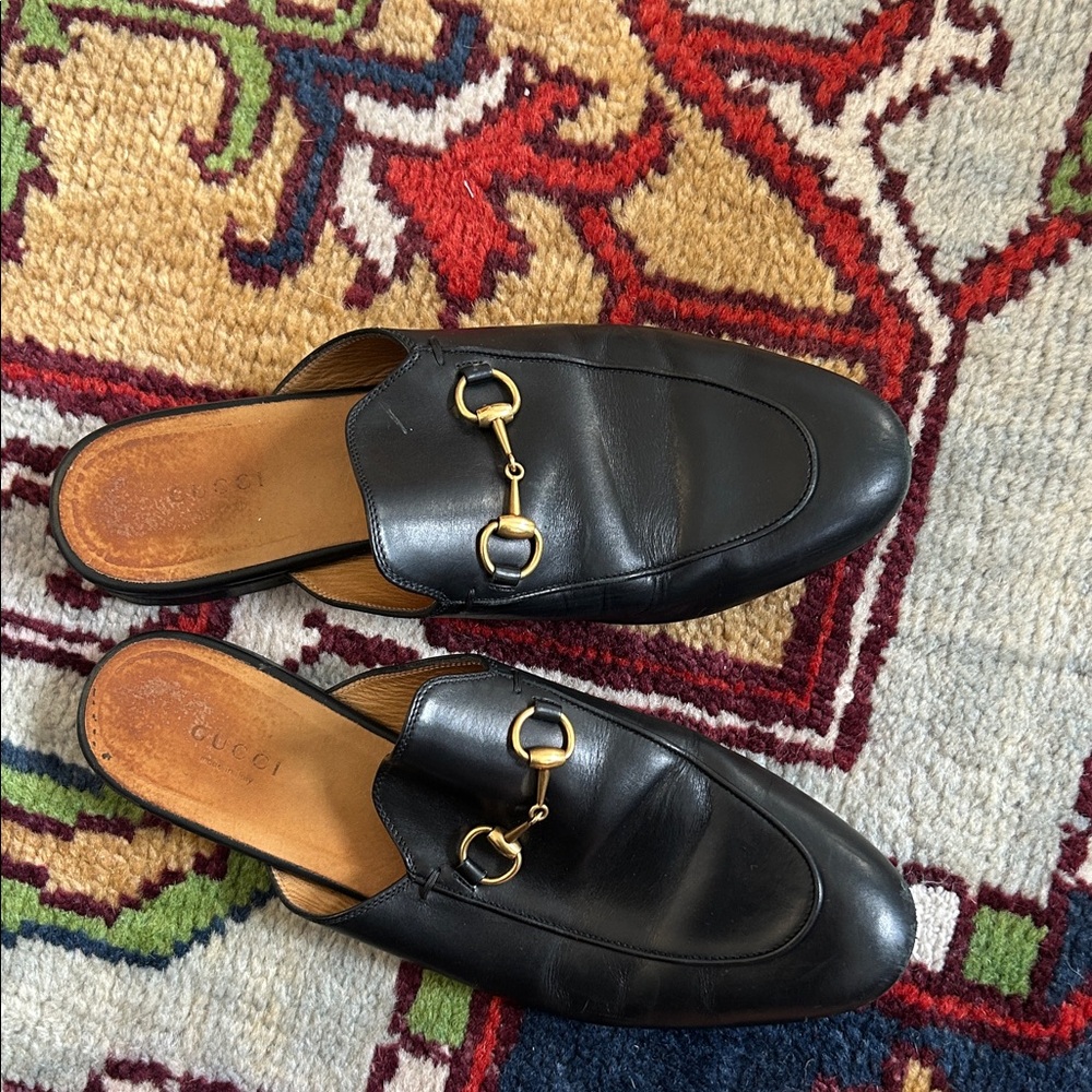 Gucci Black Leather Mules with Gold Hardware